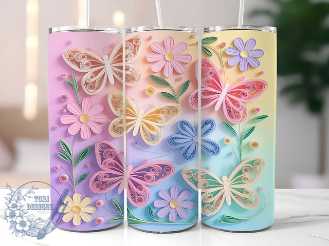 Pastel 3D Butterfly Tumbler Wrap, 3D Floral Butterfly, Spring Pastel Design, Butterflies And Flowers, Soft Color Wrap, 20oz Tumbler Template, Delicate Garden Sublimation Sublimation ToriDesigns 