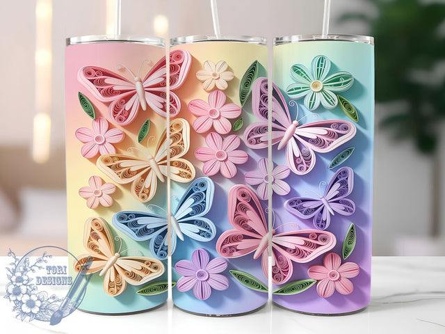 Pastel 3D Butterfly Tumbler Wrap, 3D Floral Butterfly, Spring Pastel Design, Butterflies And Flowers, Soft Color Wrap, 20oz Tumbler Template, Delicate Garden Sublimation Sublimation ToriDesigns 