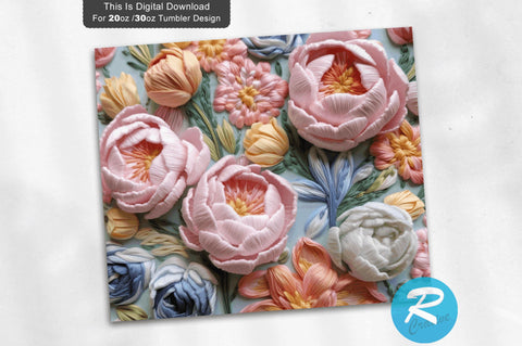 Pastel 3D Flower Rose Embroidered 20 Oz Tumbler Sublimation Regulrcrative 