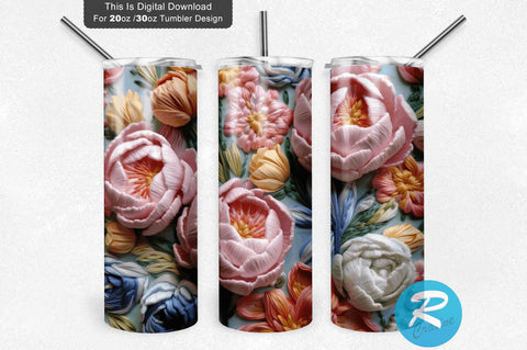 Pastel 3D Flower Rose Embroidered 20 Oz Tumbler Sublimation Regulrcrative 