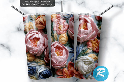 Pastel 3D Flower Rose Embroidered 20 Oz Tumbler Sublimation Regulrcrative 