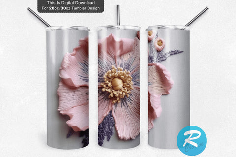 Pastel 3D Flowers Embroidered 20 Oz Tumbler Design Sublimation Regulrcrative 