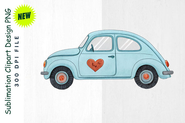 Pastel Blue Valentine's Car with Hearts Sublimation Clipart Sublimation Regulrcrative 