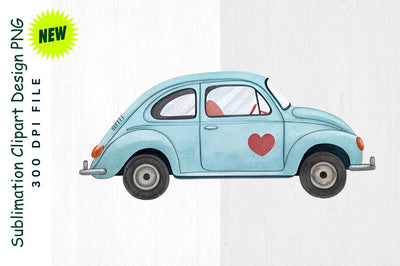 Pastel Blue Valentine's Car with Hearts Sublimation Clipart Sublimation Regulrcrative 