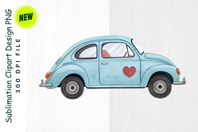 Pastel Blue Valentine's Car with Hearts Sublimation Clipart Sublimation Regulrcrative 