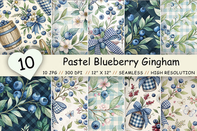 Pastel Blueberry Gingham Digital Paper, Seamless Watercolor Fruit Pattern Pack, Printable Scrapbook Paper, Summer Blue Design Bundle Digital Pattern FloridPrintables 