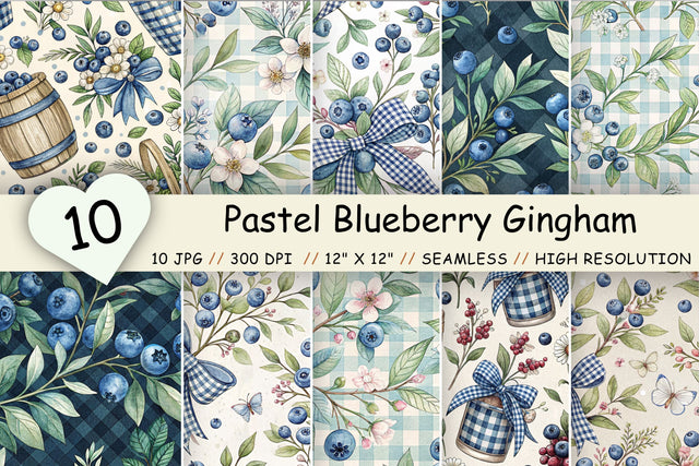 Pastel Blueberry Gingham Digital Paper, Seamless Watercolor Fruit Pattern Pack, Printable Scrapbook Paper, Summer Blue Design Bundle Digital Pattern FloridPrintables 
