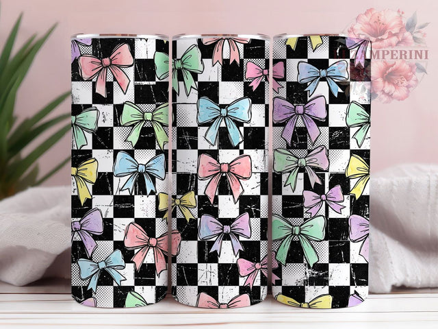 Pastel Bow Checkerboard 20oz Tumbler, Bow Motif, Pastel Art Design, Checkerboard Theme, Whimsical Accent, Cute Charm, Sublimation Wrap, 20oz Tumbler Sublimation Li Zamperini 