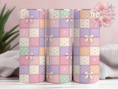 Pastel Bow Patchwork 20oz Tumbler, Pastel bow design, Patchwork tumbler wrap, 20oz skinny tumbler, Coquette bow print, Sublimation tumbler wrap, Pastel patchwork design, Bow tumbler Sublimation Li Zamperini 