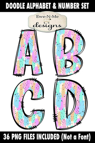 Pastel Brush Stroke Doodle Alphabet Numbers | PNG Files Sublimation Ewe-N-Me Designs 