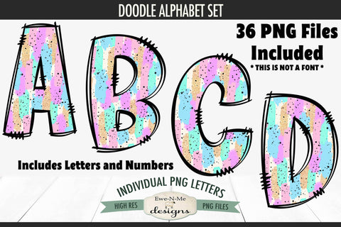 Pastel Brush Stroke Doodle Alphabet Numbers | PNG Files Sublimation Ewe-N-Me Designs 
