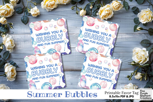 Pastel Bubble Wand Fun Printable Favor Tag Label - End School Year Summer Vacation Gift Digital Pattern Fine Purple Elephant Creations 