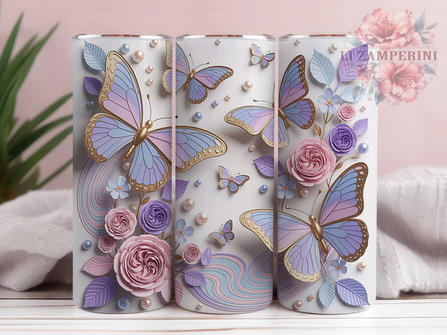 Pastel Butterfly Pearl Nature 20oz Tumbler, Floral Design, Pearl Dots, Whimsical Style, Elegant Nature, 20oz Tumbler Wrap, Sublimation PNG Sublimation Li Zamperini 