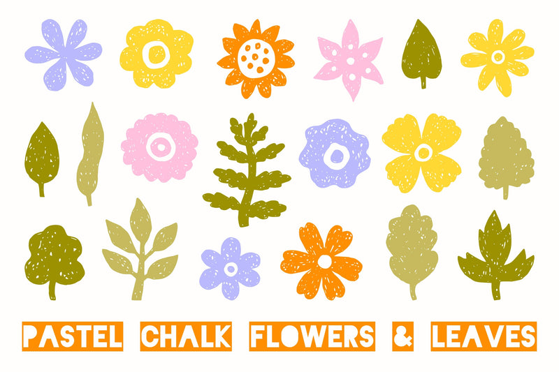 Pastel Chalk Flowers & Leaves PNG Clipart Set Sublimation Rin Green 