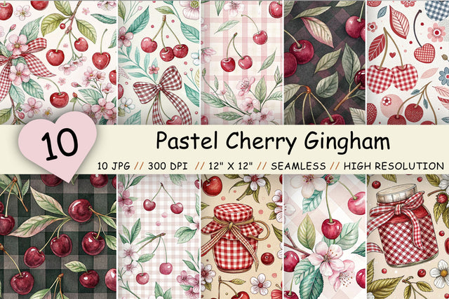 Pastel Cherry Gingham Digital Paper, Seamless Watercolor Fruit Pattern Pack, Printable Scrapbook Paper, Summer Red Design Bundle Digital Pattern FloridPrintables 