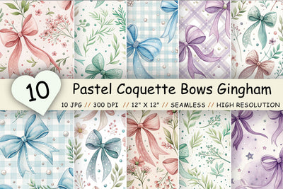 Pastel Coquette Bows Gingham Pattern, Seamless Watercolor Bundle Pack, Printable Scrapbook Paper, Feminine Floral Design Collection Digital Pattern FloridPrintables 