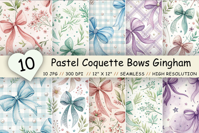Pastel Coquette Bows Gingham Pattern, Seamless Watercolor Bundle Pack, Printable Scrapbook Paper, Feminine Floral Design Collection Digital Pattern FloridPrintables 