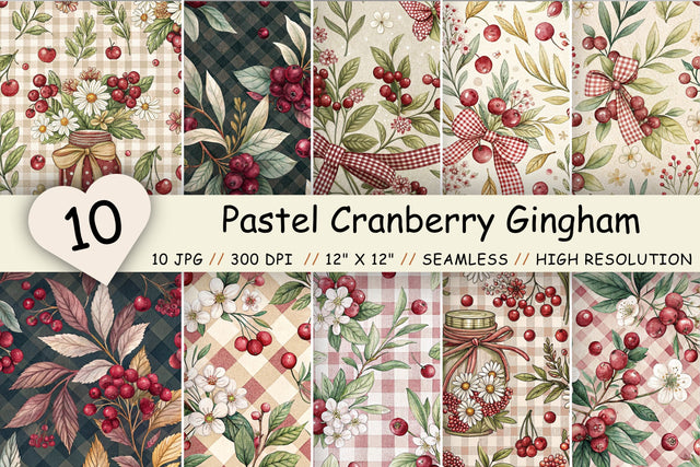 Pastel Cranberry Gingham Digital Paper, Seamless Watercolor Fruit Pattern Bundle, Printable Scrapbook Paper, Red Berry Design Collection Digital Pattern FloridPrintables 