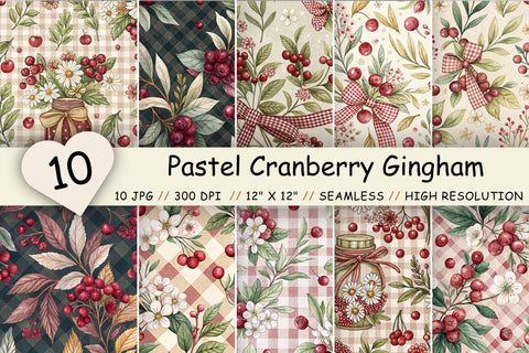 Pastel Cranberry Gingham Digital Paper, Seamless Watercolor Fruit Pattern Bundle, Printable Scrapbook Paper, Red Berry Design Collection Digital Pattern FloridPrintables 