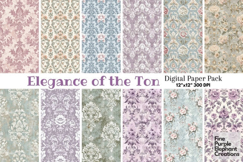 Pastel Damask Digital Paper - Shabby Chic Regency Era Digital Pattern Fine Purple Elephant Creations 