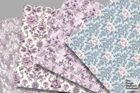 Pastel Damask Digital Paper - Shabby Chic Regency Era Digital Pattern Fine Purple Elephant Creations 