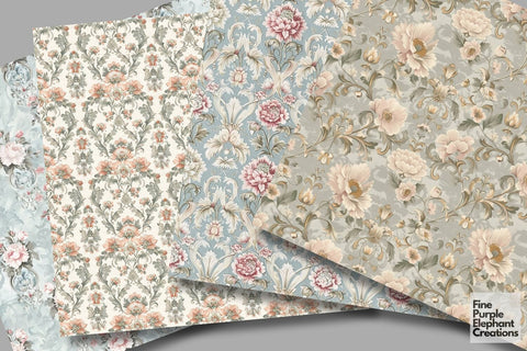 Pastel Damask Digital Paper - Shabby Chic Regency Era Digital Pattern Fine Purple Elephant Creations 