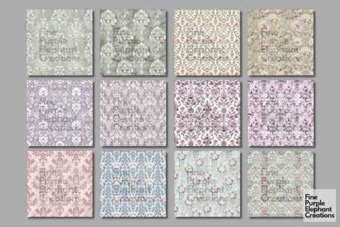 Pastel Damask Digital Paper - Shabby Chic Regency Era Digital Pattern Fine Purple Elephant Creations 