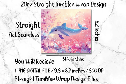 Pastel Dolphin 20oz Skinny Tumbler Wrap Sublimation Design. Sublimation CosmosFineArt 