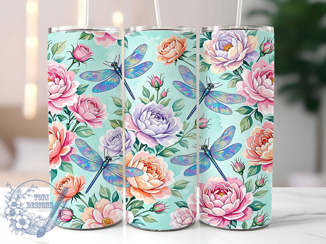 Pastel Dragonfly Floral Garden 20oz Tumbler, Dragonfly Floral Motif, Pastel Art Design, Garden Theme, Whimsical Accent, Elegant Charm, Sublimation Wrap, 20oz Tumbler Sublimation ToriDesigns 