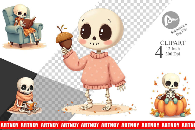 Pastel Fall Skeletons Clipart Sublimation artnoy 