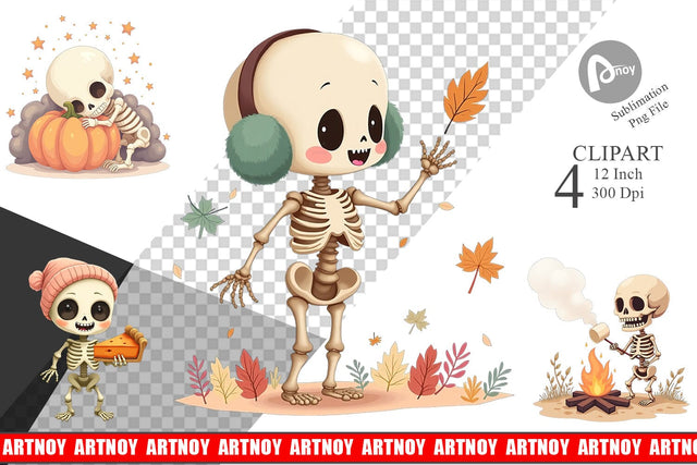 Pastel Fall Skeletons Clipart Sublimation artnoy 