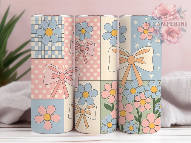 Pastel Floral Bow Vintage Girly Tumbler, Bow Wrap Design, 20Oz Tumbler Sublimation, Soft Feminine Drinkware, Vintage Floral Cup, Girly Pastel Mug, Elegant Bow Pattern Sublimation Li Zamperini 