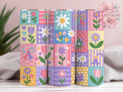 Pastel Floral Patchwork Tumbler, Whimsical Patchwork Wrap, Cute Quilt Cup, 20oz Sublimation Wrap, Stylish Pastel Design Tumbler, Artistic Floral Patchwork Cup, Cozy Whimsical Theme Wrap Sublimation Li Zamperini 
