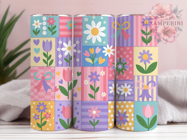 Pastel Floral Patchwork Tumbler, Whimsical Patchwork Wrap, Cute Quilt Cup, 20oz Sublimation Wrap, Stylish Pastel Design Tumbler, Artistic Floral Patchwork Cup, Cozy Whimsical Theme Wrap Sublimation Li Zamperini 