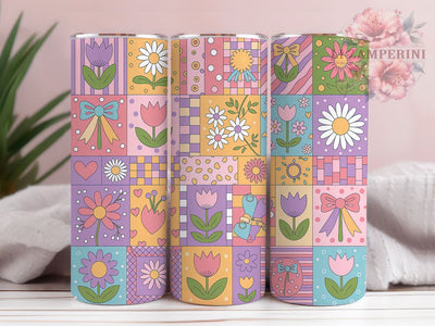 Pastel Floral Patchwork Tumbler, Whimsical Patchwork Wrap, Cute Quilt Cup, 20oz Sublimation Wrap, Stylish Pastel Design Tumbler, Artistic Floral Patchwork Cup, Cozy Whimsical Theme Wrap Sublimation Li Zamperini 