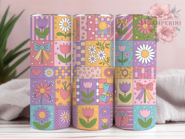 Pastel Floral Patchwork Tumbler, Whimsical Patchwork Wrap, Cute Quilt Cup, 20oz Sublimation Wrap, Stylish Pastel Design Tumbler, Artistic Floral Patchwork Cup, Cozy Whimsical Theme Wrap Sublimation Li Zamperini 