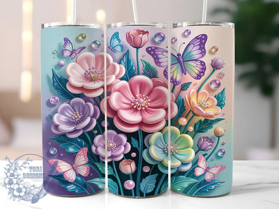 Pastel Flowers Butterfly Fantasy 20oz Tumbler, Glossy 3D, Butterfly Motif, Floral Fantasy, Elegant Pastel, Skinny Tumbler, Sublimation PNG Sublimation ToriDesigns 