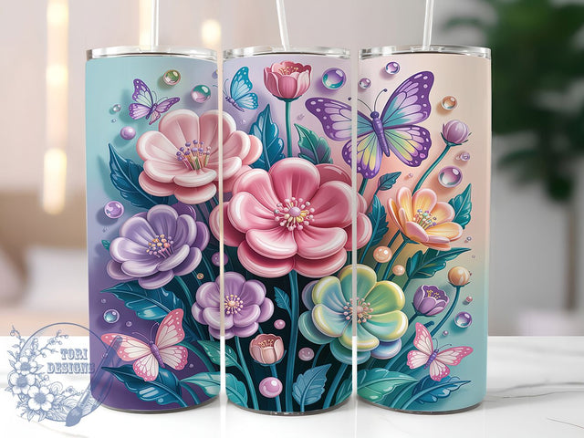 Pastel Flowers Butterfly Fantasy 20oz Tumbler, Glossy 3D, Butterfly Motif, Floral Fantasy, Elegant Pastel, Skinny Tumbler, Sublimation PNG Sublimation ToriDesigns 
