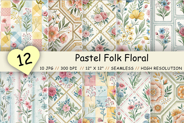 Pastel Folk Floral Digital Paper, Seamless Watercolor Cottagecore Pattern Pack, Printable Scrapbook Paper, Spring Botanical Design Bundle Digital Pattern FloridPrintables 