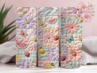 Pastel Fruit Floral Quilt 20oz Tumbler, Pastel Fruit, Floral Quilt, Patchwork Design, Sublimation Wrap, 20oz Tumbler, Cottagecore Aesthetic, Sweet Charm Sublimation Li Zamperini 