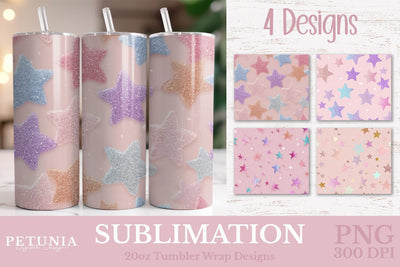 Pastel Glitter Star Tumbler Wrap 20oz Skinny PNG Sublimation Petunia Digital Design 