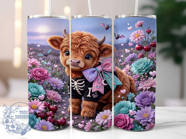 Pastel Goth Highland Cow Halloween 20oz Tumbler, Pastel Goth Motif, Highland Cow Design, Halloween Theme, Whimsical Accent, Rustic Charm, Sublimation Wrap, 20oz Tumbler Sublimation ToriDesigns 