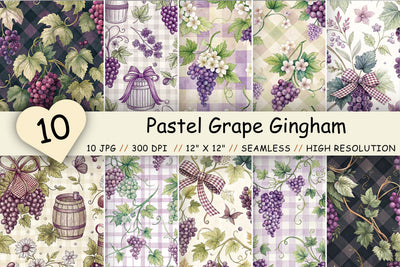 Pastel Grape Gingham Digital Paper, Seamless Watercolor Fruit Pattern Bundle, Printable Scrapbook Paper, Purple Vine Design Collection Digital Pattern FloridPrintables 