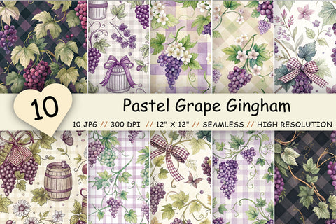 Pastel Grape Gingham Digital Paper, Seamless Watercolor Fruit Pattern Bundle, Printable Scrapbook Paper, Purple Vine Design Collection Digital Pattern FloridPrintables 