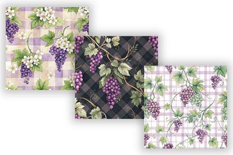 Pastel Grape Gingham Digital Paper, Seamless Watercolor Fruit Pattern Bundle, Printable Scrapbook Paper, Purple Vine Design Collection Digital Pattern FloridPrintables 