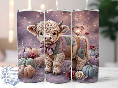 Pastel Halloween Highland Cow 20oz Tumbler, Pastel Cow Motif, Halloween Highland Design, Festive Theme, Rustic Accent, Whimsical Charm, Sublimation Wrap, 20oz Tumbler Sublimation ToriDesigns 