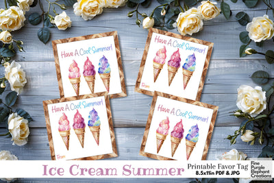 Pastel Ice Cream Cone Printable Favor Tag Label - End School Year Summer Vacation Digital Pattern Fine Purple Elephant Creations 