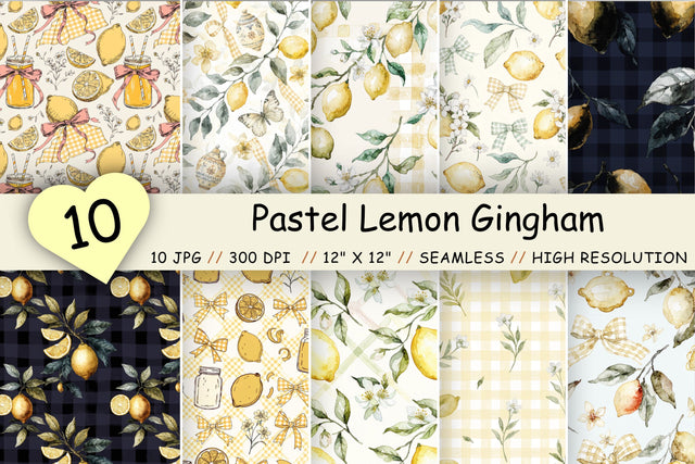 Pastel Lemon Gingham Digital Paper, Seamless Watercolor Citrus Pattern Pack, Printable Scrapbook Paper, Summer Yellow Design Bundle Digital Pattern FloridPrintables 