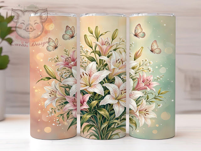 Pastel Lily Butterfly Romance 20oz Tumbler, Pastel Lily Motif, Butterfly Romance Design, Whimsical Theme, Elegant Accent, Romantic Charm, Sublimation Wrap, 20oz Tumbler Sublimation Lara' s Designs 