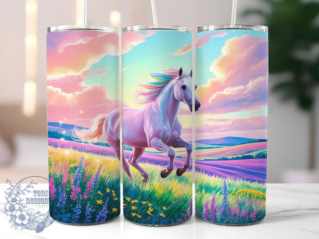 Pastel Meadow White Horse Tumbler, Pastel Meadow Wrap, Elegant Horse Mug Design, Sublimation Wrap, Nature Lover Drinkware, Soft Pastel Gift, Artistic Horse Cup Sublimation ToriDesigns 